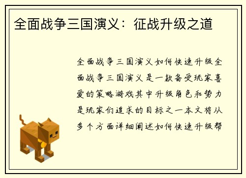 全面战争三国演义：征战升级之道